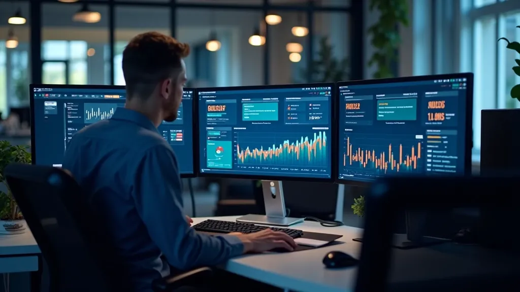Datori un finanšu dati uz birojā, analītiķis strādā ar daudziem monitoriem