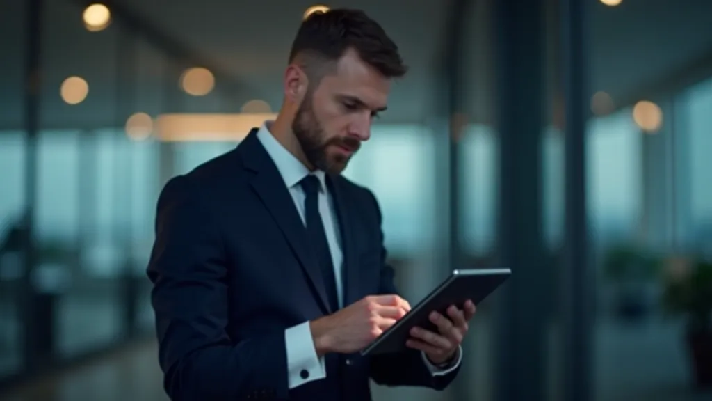Bankas vadības persona aplūko digitālās sistēmas uz skārienjūtīga displeja, moderns birojs ar datoriem