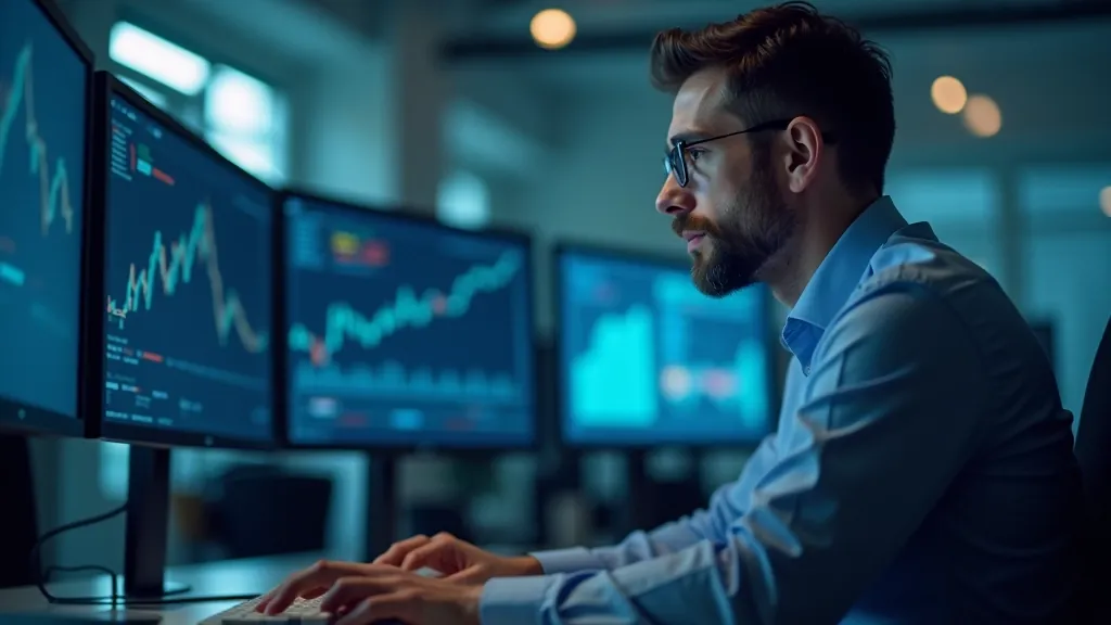 Finanšu analītiķis strādā ar datoriem, kuriem redzami tirgus grafiki un kursu dati