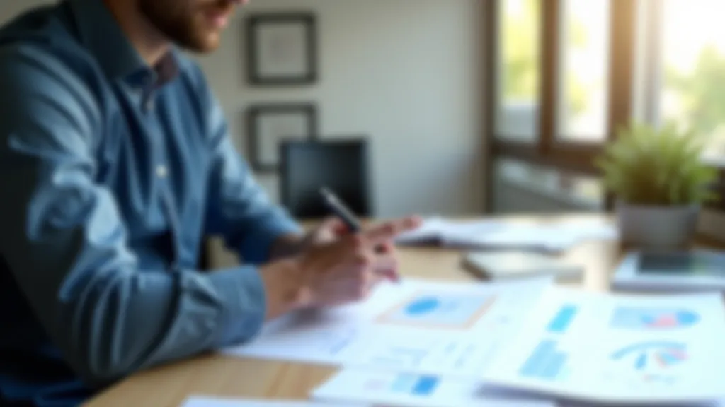 Finanšu analītiķis darba vietā pārskata ekonomiskos datus un diagrammas