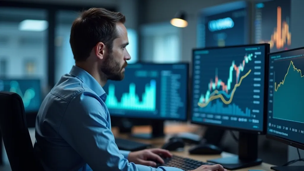 Finanšu analītikas dati uz datora ekrāna ar grafikus un diagrammām