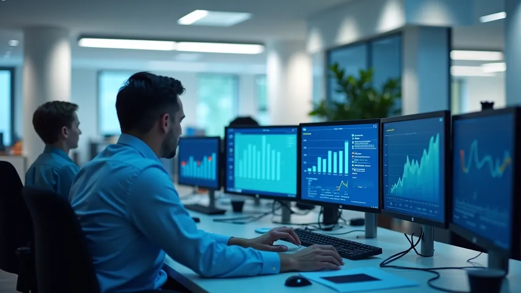 etscenar SIA finanšu analītikas darba telpa ar datoriem un diagrammām