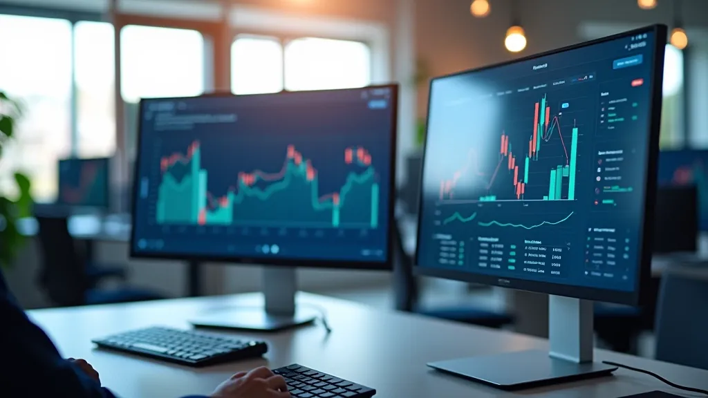 Moderna birojs ar datoriem un finanšu dati uz ekrāniem, dienas gaisma no loga, asas detaļas