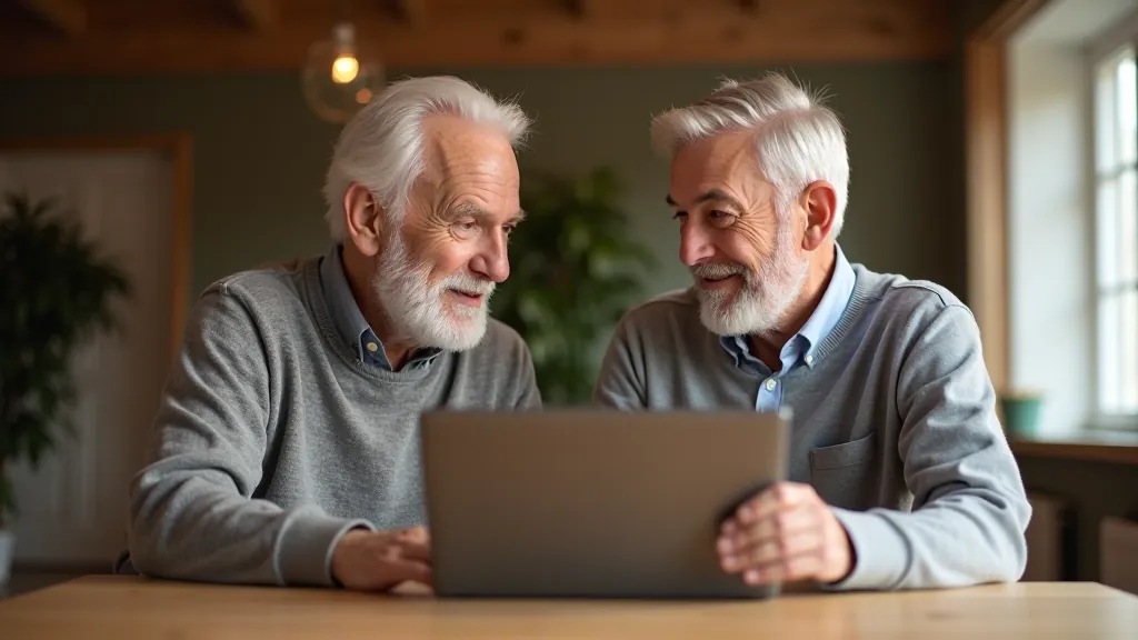 Senioru pāris sēž pie galda ar laptopu, aplūkojot bankas kontu, mājas vide, silta apgaismojums