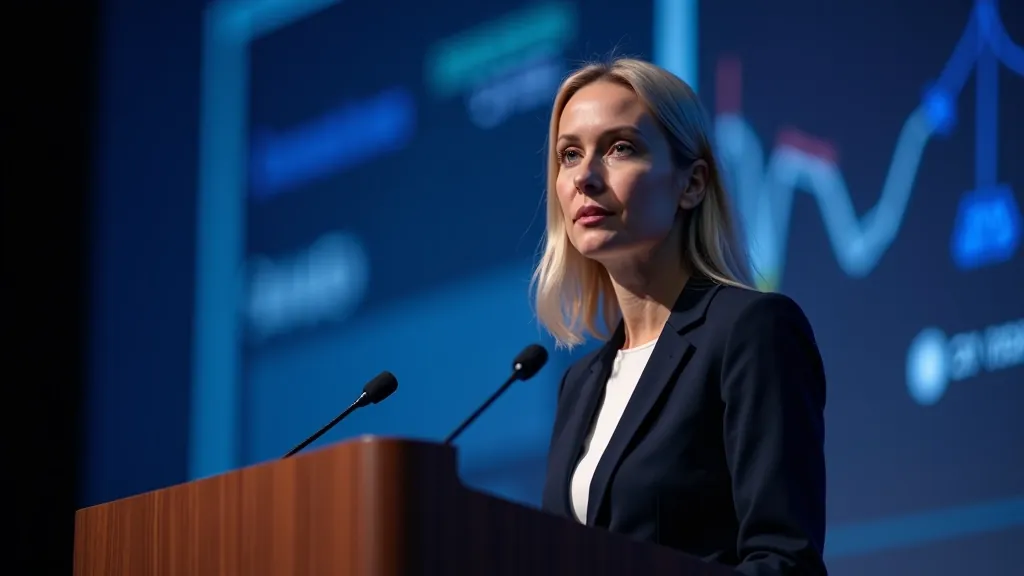 Sieviete ar mikrofonu runā par fintech inovācijām konferencē, skatuve ar prezentāciju fonu